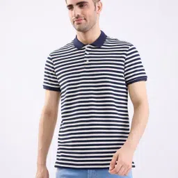 Spykar Navy Blue Cotton Poly Regular Fit Striped T-Shirt-image-70
