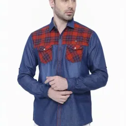 Kuons Avenue Blue & Red Slim Fit Checks Denim Shirt-picture-37