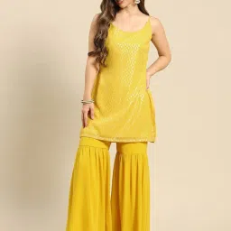 Mabish Yellow Woven Pattern Kurti Sharara Set image 1