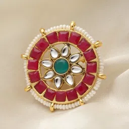 Panash Gold Plated Kundan Studded & Pearl Beaded Finger Ring image 1