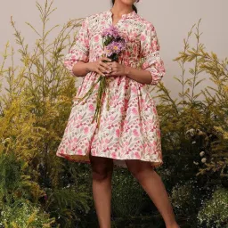 Libas Beige Cotton Floral A Line Dress image 1