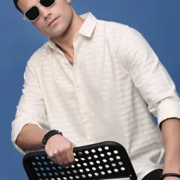 showoffff Showoff Cream Cotton Slim Fit Striped Shirt image 1