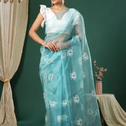 Saree Mall Turquoise Embroidered Sarees With Unstitched Blouse image 1