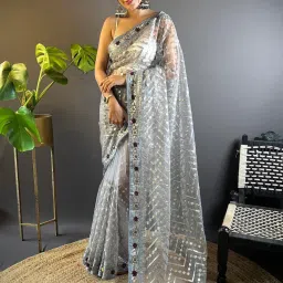 Saree Mall Grey Embellished Sarees With Unstitched Blouse image 1