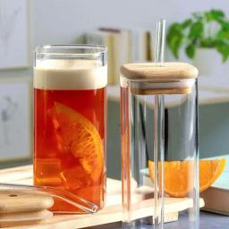 Goodhomes Transparent & Brown Glass Tumbler With Wooden Lid & Straw (0.385 L) - Set of 4-picture-45