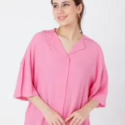 Zink London Pink Viscose Regular Fit Shirt-image-92