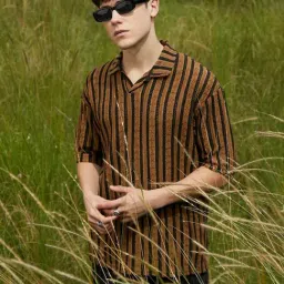 Campus Sutra Brown Regular Fit Striped Polo T-Shirt-picture-16