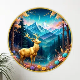 Livin'luxe Blue & Gold-Toned Deer Wall Hallway Round Portrait Painting Wall Art 20" x 20"-picture-20