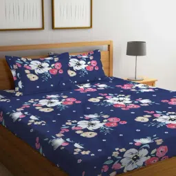 Klotthe Navy Cotton Blend 300 TC Double Bed Sheet With 2 Pillow Covers-image-2