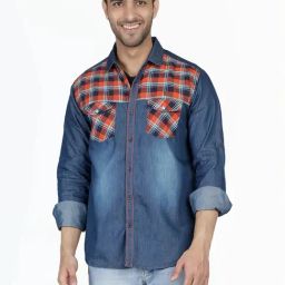 Kuons Avenue Blue & Orange Slim Fit Checks Denim Shirt-picture-49
