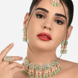 Zaveri Pearls Peach & Green Ethnic Kundan Necklace, Earring, Maangtikka & Ring Set-ZPFK12233-image-15