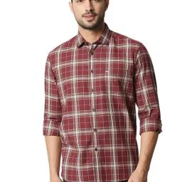 Basics Maroon Cotton Slim Fit Checks Shirt-image-16