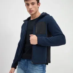 Iconic Men Navy Blue Solid Hoodie Jacket image 4