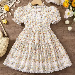 White World Floral Printed Puff Sleeve Fit & Flare Dress-picture-47