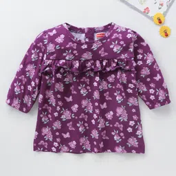 Babyhug Three Forth Sleeves Butterfly & Flower Print With Frill Detailing Top - Purple-picture-15