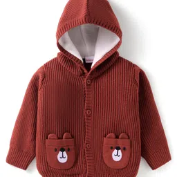Babyhug Knitted Full Sleeves Front Open Hooded Sweater with Bear Embroidery & Applique - Dark Red-picture-12
