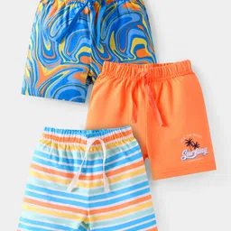 Babyhug Cotton Knit Mid Thigh Length Shorts with Beach Theme Print & Stripes Pack of 3 - Orange & Blue-picture-12