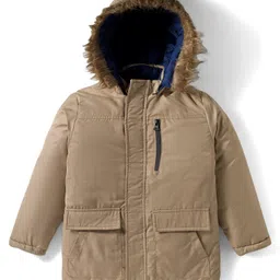 Primo Gino Woven Full Sleeves Reversible Solid Puffer Quilted Jacket With Fur Hoodie - Brown & Navy Blue image 1