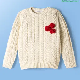 Babyoye Cotton Lurex Knit Full Sleeves Pullovers Sweater with Cable Knit Design & Crochet Flower - White-picture-23
