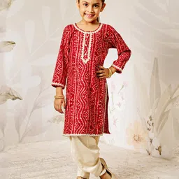 Vastramay Rayon Woven Three Fourth Bandhani Printed Lace Embellished Kurta Patiala Set - Red-picture-15