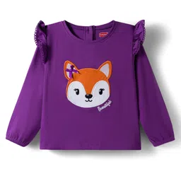 Babyhug 100% Cotton Knit Full Sleeves T-Shirt with Deer Patch Embroidery & Frill Detailing - Purple-picture-26