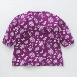 Babyhug Three Forth Sleeves Butterfly & Flower Print With Frill Detailing Top - Purple image 2