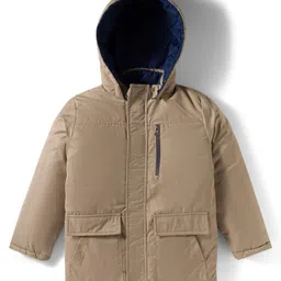 Primo Gino Woven Full Sleeves Reversible Solid Puffer Quilted Jacket With Fur Hoodie - Brown & Navy Blue image 2