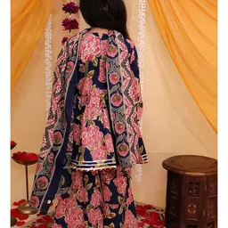 Vastrarth Pure Cotton Woven Three Fourth Bell Sleeves Floral Printed & Gota Lace Embellished Coordinating Kurti Sharara With Dupatta Set - Navy Blue image 3