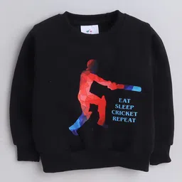 Knitting Doodles Fleece Woven Full Sleeves Eat Sleep Cricket Repeat Text Printed Light Winter Sweatshirt - Black image 4