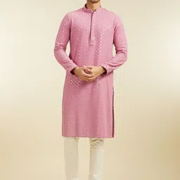 Diwas by Manyavar Mandarin Collar Geometric Embroidered Straight Kurta With Pyjamas-image-6