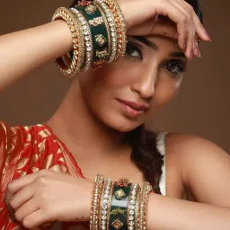 Aatmana Gold-Plated White Stone-Studded & Beaded Green Chuda Bangles - Set of 18 image 5