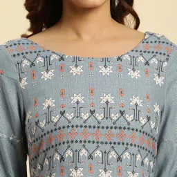 W Blue Printed Fit and Flare Kurta image 5