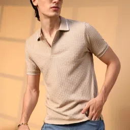 Campus Sutra Beige Regular Fit Self Pattern Polo T-Shirt image 1
