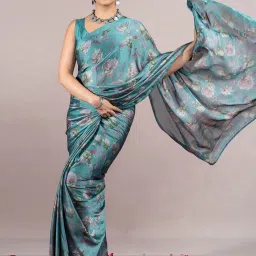 Mirchi Fashion Blue Chiffon Floral Saree With Unstitched Blouse image 1