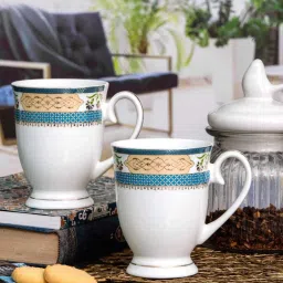 SONAKI White & Blue Bone China Large Tea Coffee Mug With Gold Printing - Set of 2 image 1