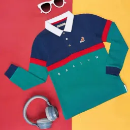 Pantaloons Junior Green & Navy Cotton Color Block Full Sleeves Polo T-Shirt-picture-7