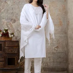 AUZAAI COLLECTION Ethnic Motifs Embroidered Sequinned Pure Cotton Straight Kurta & Trouser image 4