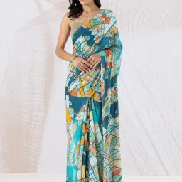 navyasa by liva Blue Printed Saree With Unstitched Blouse image 1
