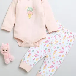 Bumzee Girls Peach & White Printed Full Sleeves Bodysuit With Pyjamas image 1