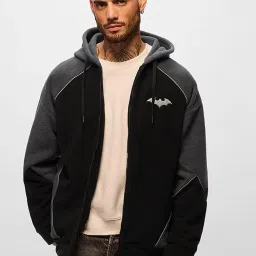 The Souled Store Black & Grey Loose Fit Embroidered Hooded Sweatshirt image 1