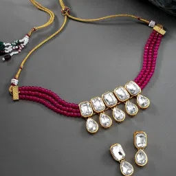 Peora Crystal Studded Maroon Ethnic Choker Necklace with Earrings Jewellery Set image 1