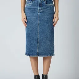 Globus Women Med Blue Stretchable Solid Mid-Rise Back Slit Midi Pencil Skirt image 1