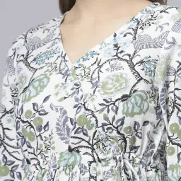 QOMN White & Green Cotton Floral Print Top image 5
