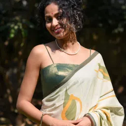 Suta Off-White & Green Cotton Printed Saree Without Blouse image 5