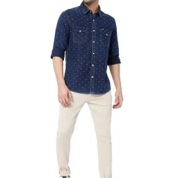 Mufti Dark Blue Cotton Slim Fit Printed Shirt image 5