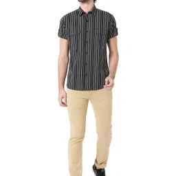 Mufti Black Cotton Slim Fit Striped Shirt image 5
