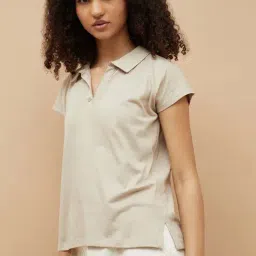 Fame Forever By Lifestyle Medium Beige Cotton Regular Fit Polo Top image 3