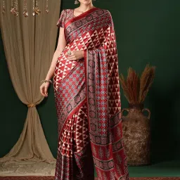 Saree Mall Red Printed Sarees With Unstitched Blouse image 1