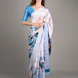 Odette White Silk Blend Printed Saree with Unstitched Blouse image 1