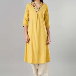 Rangmanch by Pantaloons Yellow Cotton Embroidered A Line Kurta image 1